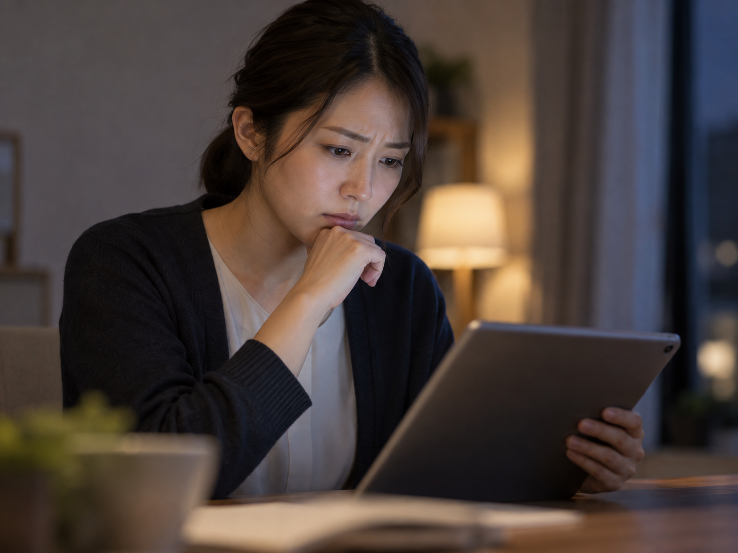 夕方の部屋でタブレットのニュースを真剣な表情で読む女性