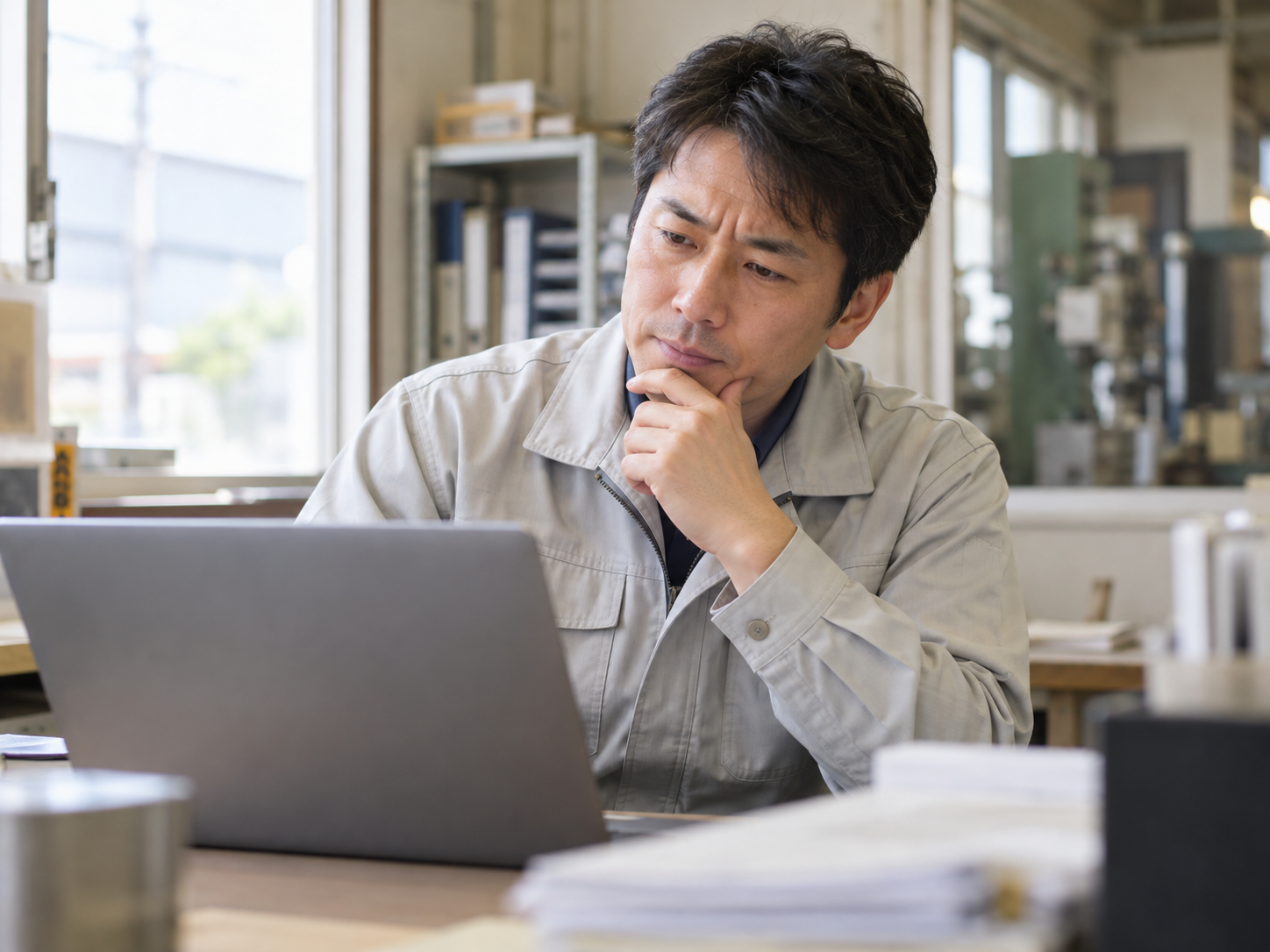 ノートパソコンを見ながら首をかしげて考える作業着の男性